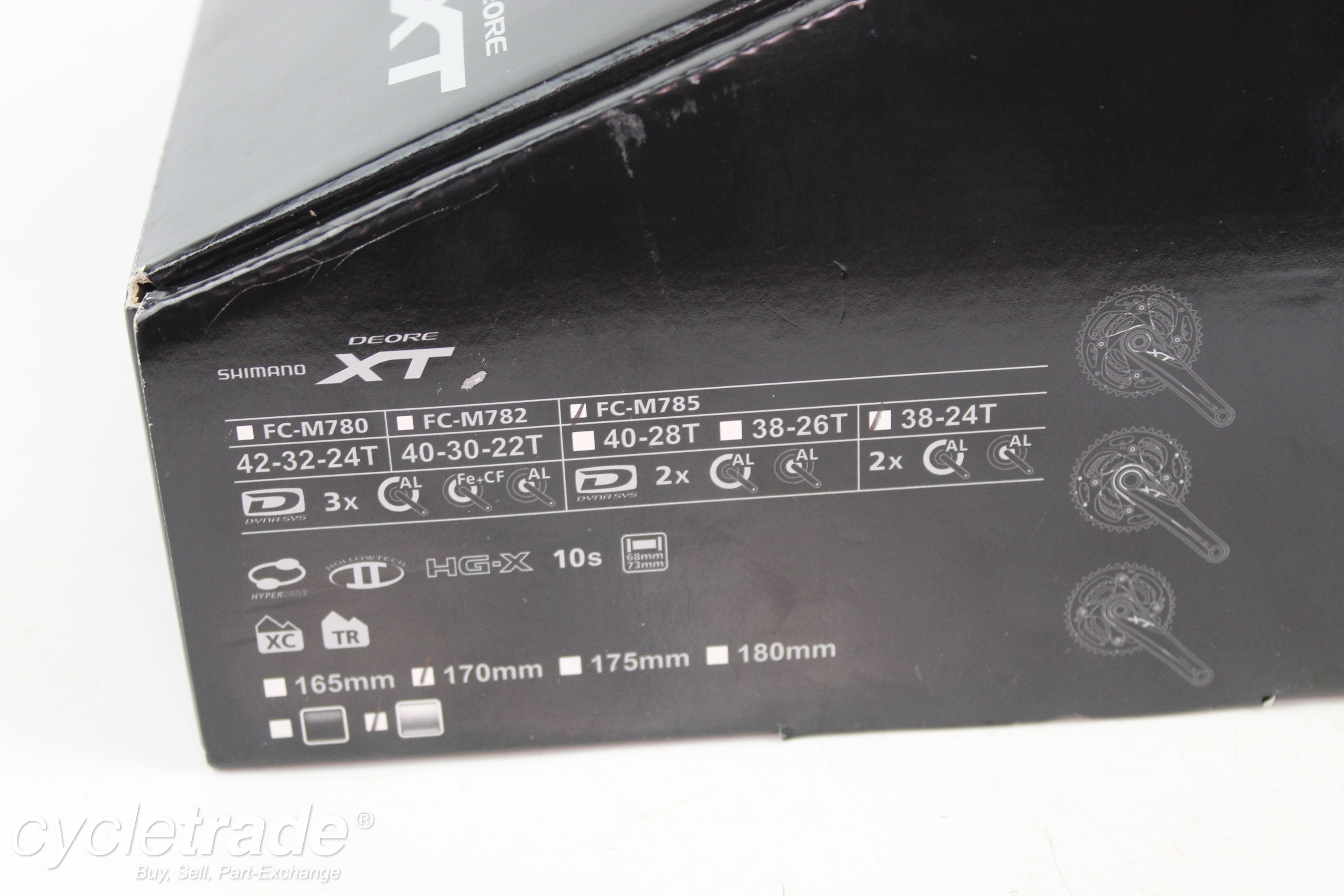 Crankset - Shimano Deore XT, FC-M785, 38/24T 2x10s 170mm Silver - Grade A+ (New)